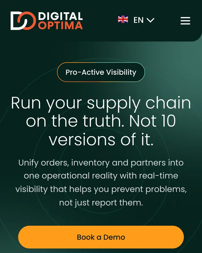Digital Optima’s home page on a phone: the headline ‘Run your supply chain on the truth. Not 10 versions of it.’ on dark green, above an orange ‘Book a Demo’ button.